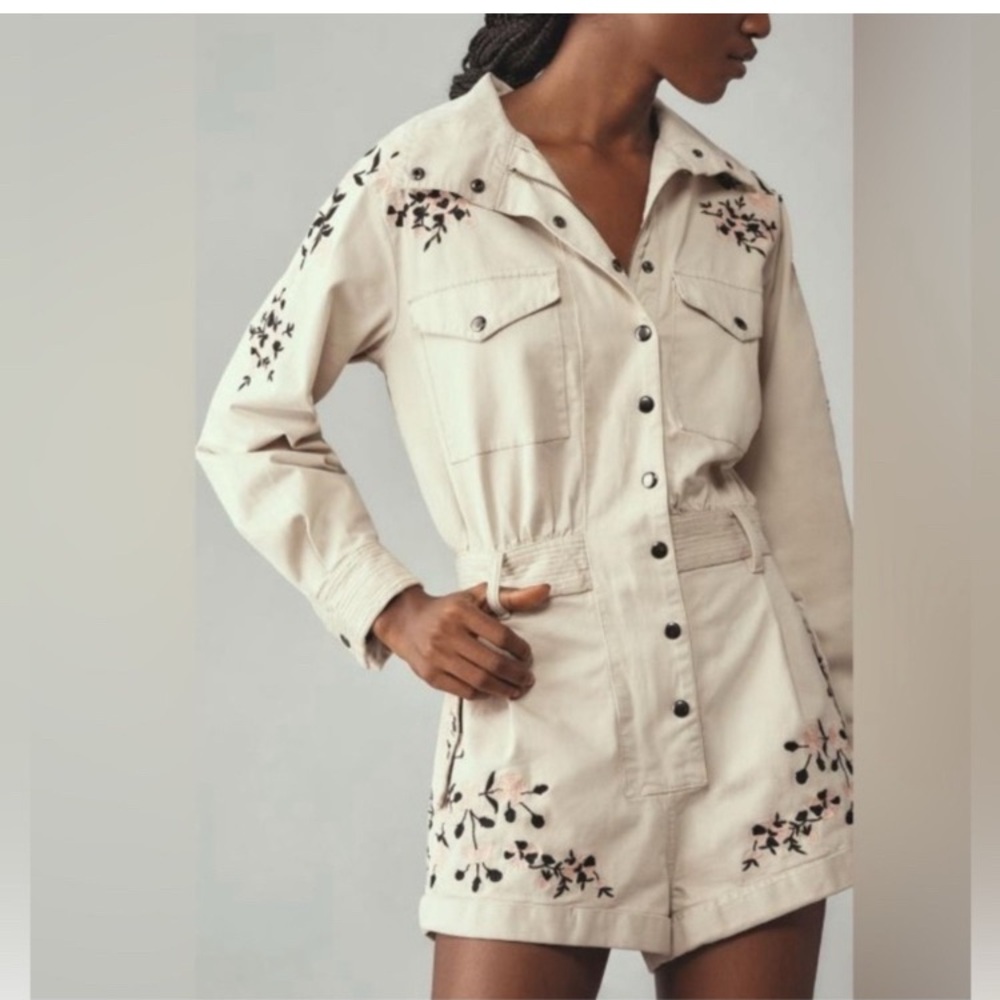 By Anthropologie Long-Sleeve Floral Embroidered Western Romper Pink Black Small